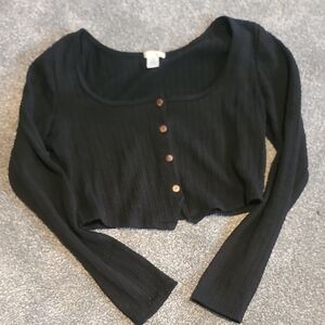 Bozzolo Black Ribbed Crop Button Down Top